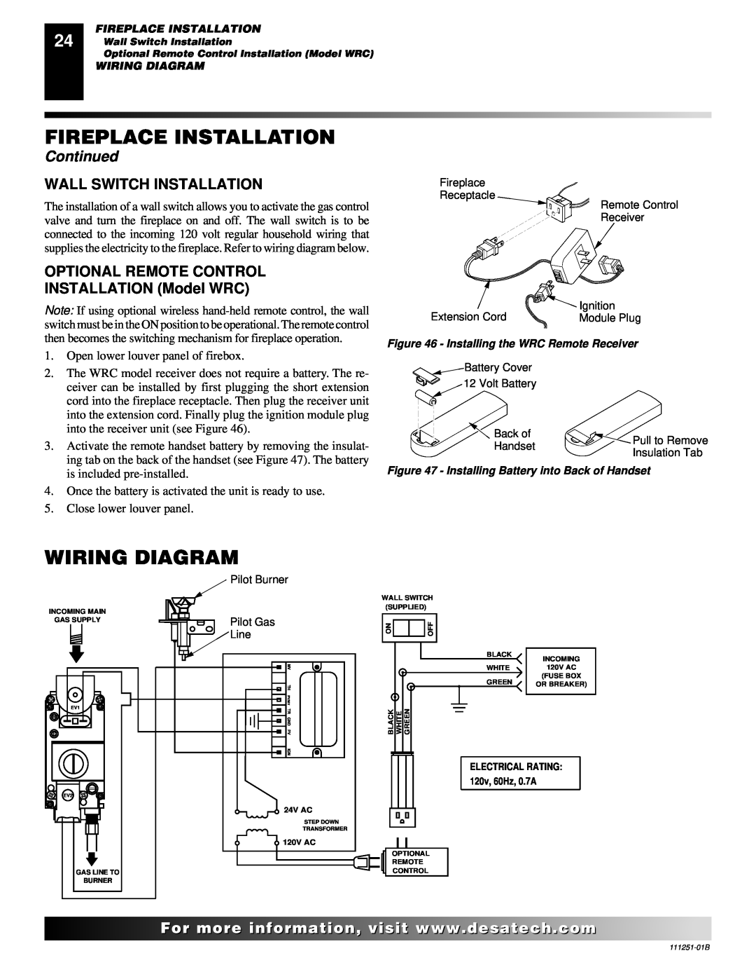 Desa (V)T36ENA installation manual Wiring Diagram, Fireplace Installation, Continued, Wall Switch Installation 