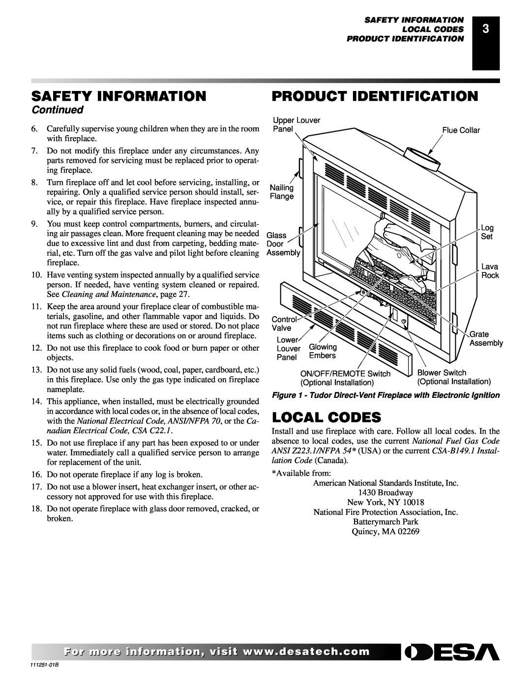 Desa (V)T36ENA installation manual Product Identification, Local Codes, Continued, Safety Information 