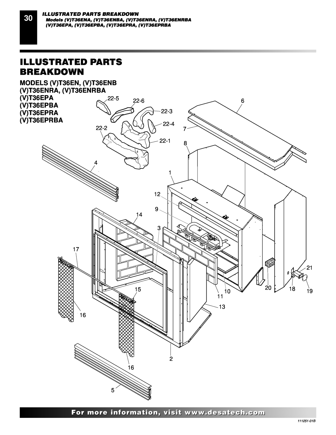 Desa (V)T36ENA installation manual Illustrated Parts Breakdown, MODELS VT36EN, VT36ENB VT36ENRA, VT36ENRBA 