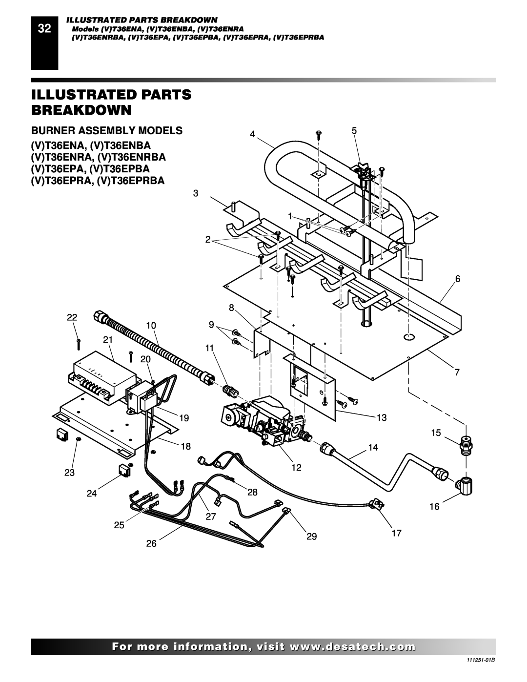 Desa (V)T36ENA installation manual Illustrated Parts Breakdown, Burner Assembly Models, Models VT36ENA, VT36ENBA, VT36ENRA 