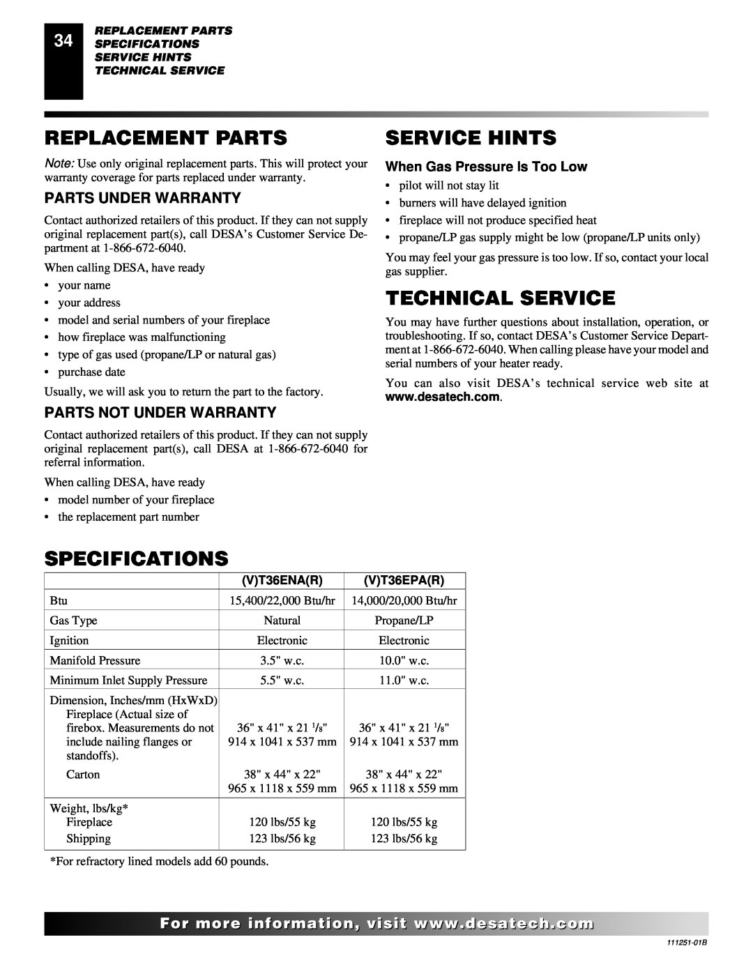Desa (V)T36ENA Replacement Parts, Service Hints, Technical Service, Specifications, When Gas Pressure Is Too Low 