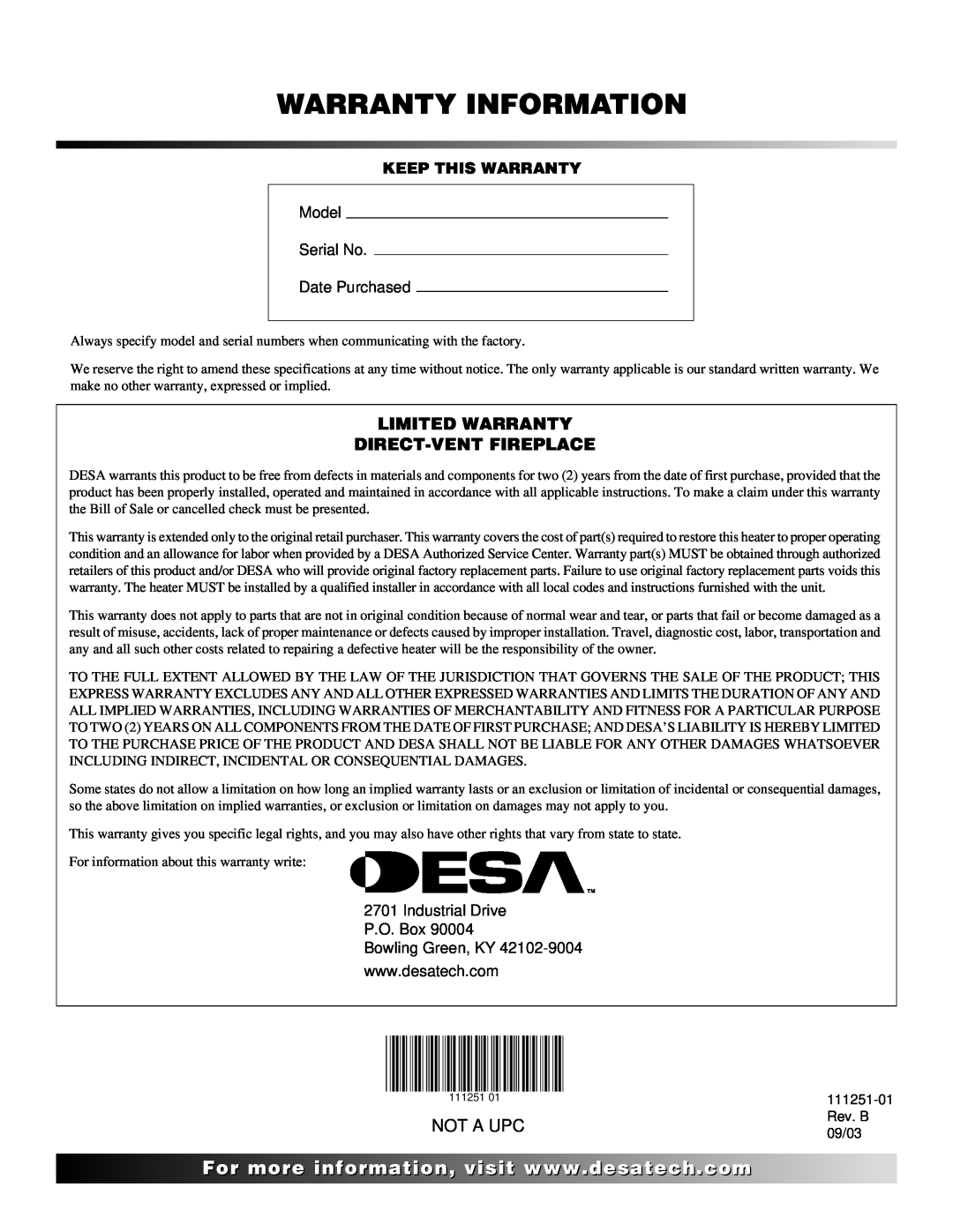 Desa (V)T36ENA installation manual Warranty Information, Limited Warranty Direct-Ventfireplace, Not A Upc 