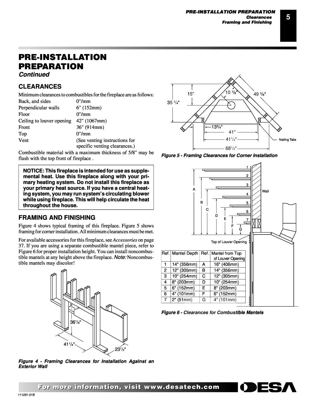 Desa (V)T36ENA installation manual Pre-Installation Preparation, Continued, Clearances, Framing And Finishing 