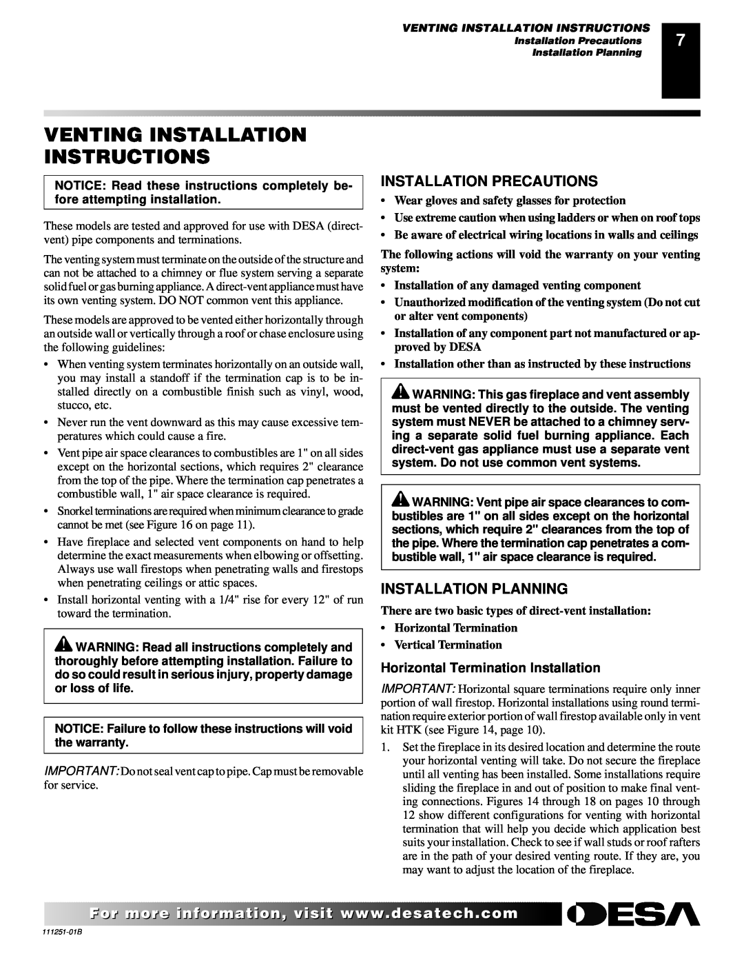 Desa (V)T36ENA installation manual Venting Installation Instructions, Installation Precautions, Installation Planning 