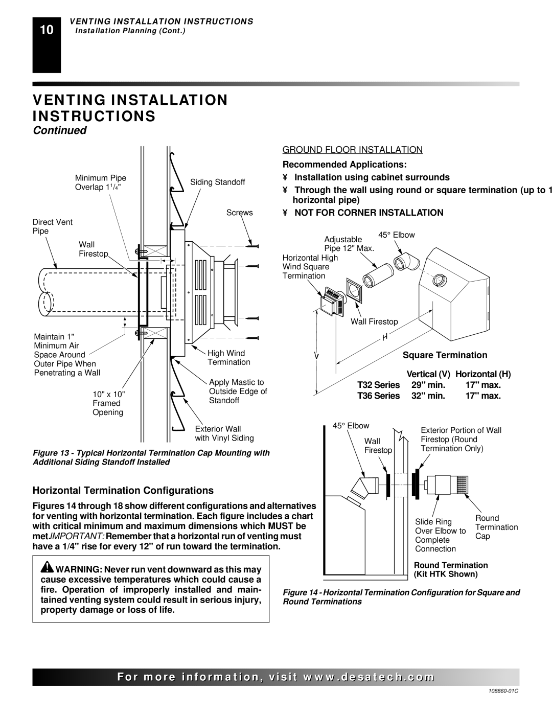 Desa (V)T36EP, (V)T36EN installation manual Horizontal Termination Configurations, Ground Floor Installation 