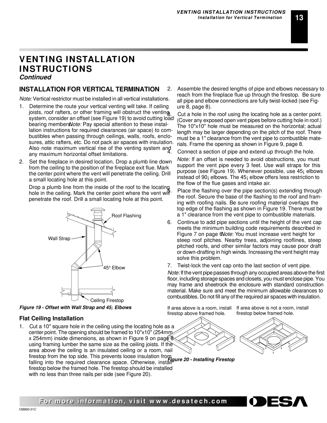 Desa (V)T36EN, (V)T36EP installation manual Installation for Vertical Termination, Flat Ceiling Installation 