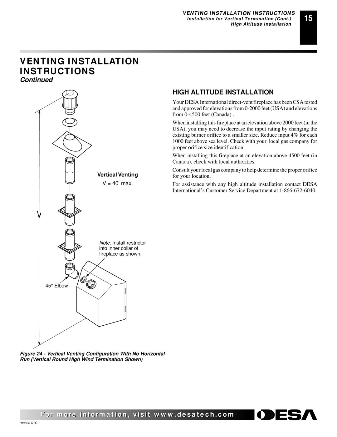 Desa (V)T36EN, (V)T36EP installation manual High Altitude Installation, Vertical Venting 