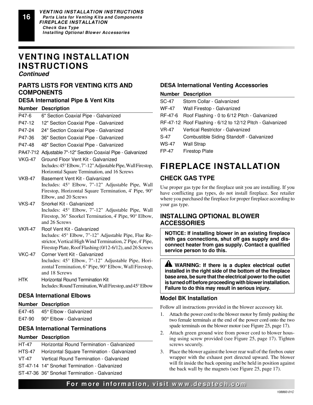 Desa (V)T36EP, (V)T36EN Fireplace Installation, Parts Lists for Venting Kits and Components, Check GAS Type 