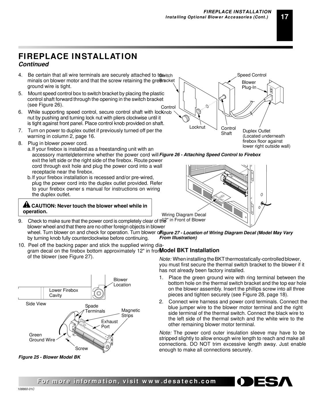 Desa (V)T36EN, (V)T36EP installation manual Model BKT Installation, Blower Model BK 