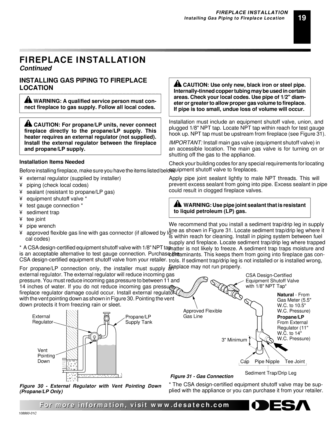 Desa (V)T36EN, (V)T36EP installation manual Installing GAS Piping to Fireplace Location, Installation Items Needed 