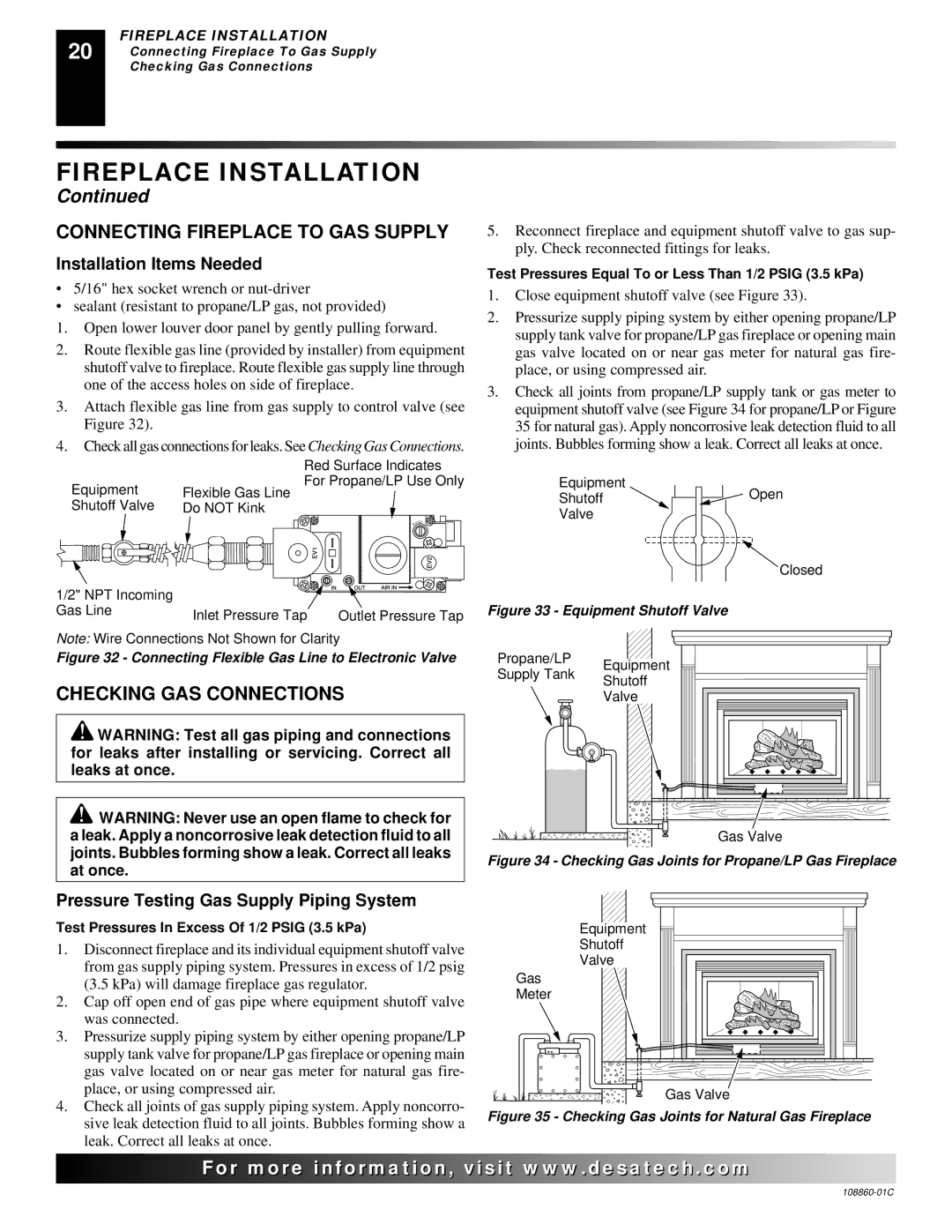 Desa (V)T36EP, (V)T36EN Connecting Fireplace to GAS Supply, Checking GAS Connections, Installation Items Needed 