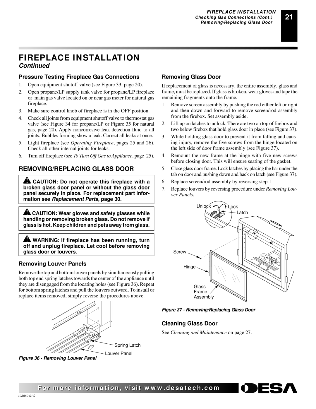 Desa (V)T36EN, (V)T36EP REMOVING/REPLACING Glass Door, Pressure Testing Fireplace Gas Connections, Removing Louver Panels 