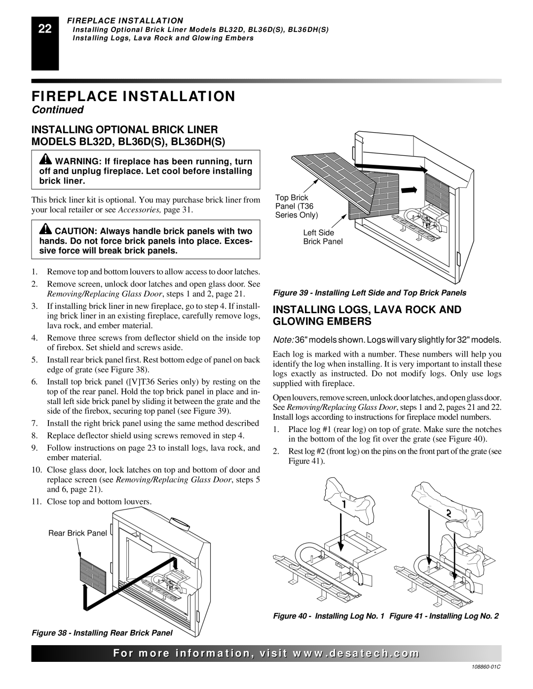 Desa (V)T36EP, (V)T36EN installation manual Installing LOGS, Lava Rock and Glowing Embers, Installing Rear Brick Panel 