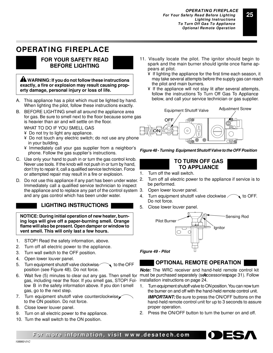 Desa (V)T36EN Operating Fireplace, For Your Safety Read Before Lighting, Lighting Instructions, Optional Remote Operation 