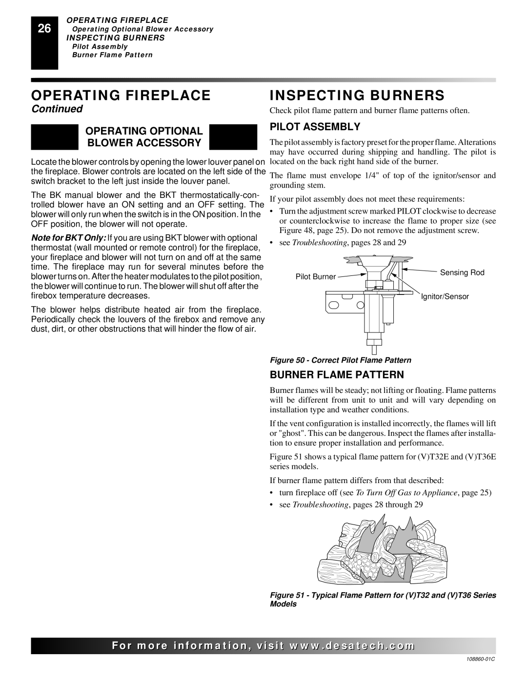 Desa (V)T36EP, (V)T36EN Inspecting Burners, Operating Optional Blower Accessory, Pilot Assembly, Burner Flame Pattern 