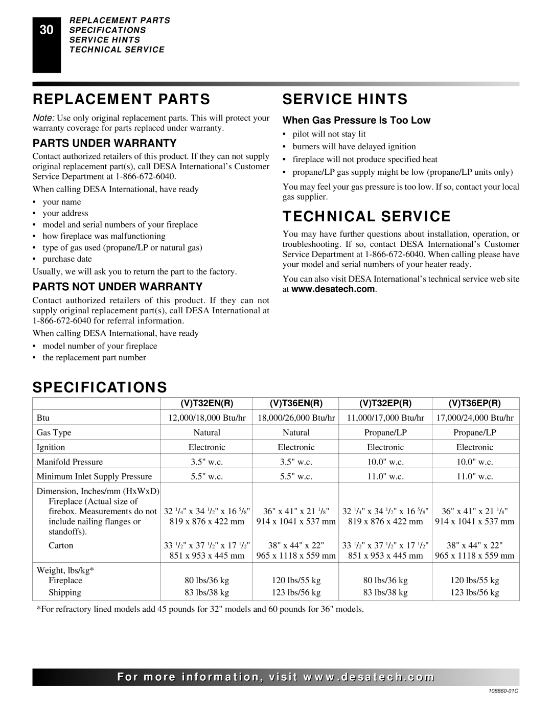 Desa (V)T36EP, (V)T36EN installation manual Replacement Parts, Service Hints, Technical Service, Specifications 