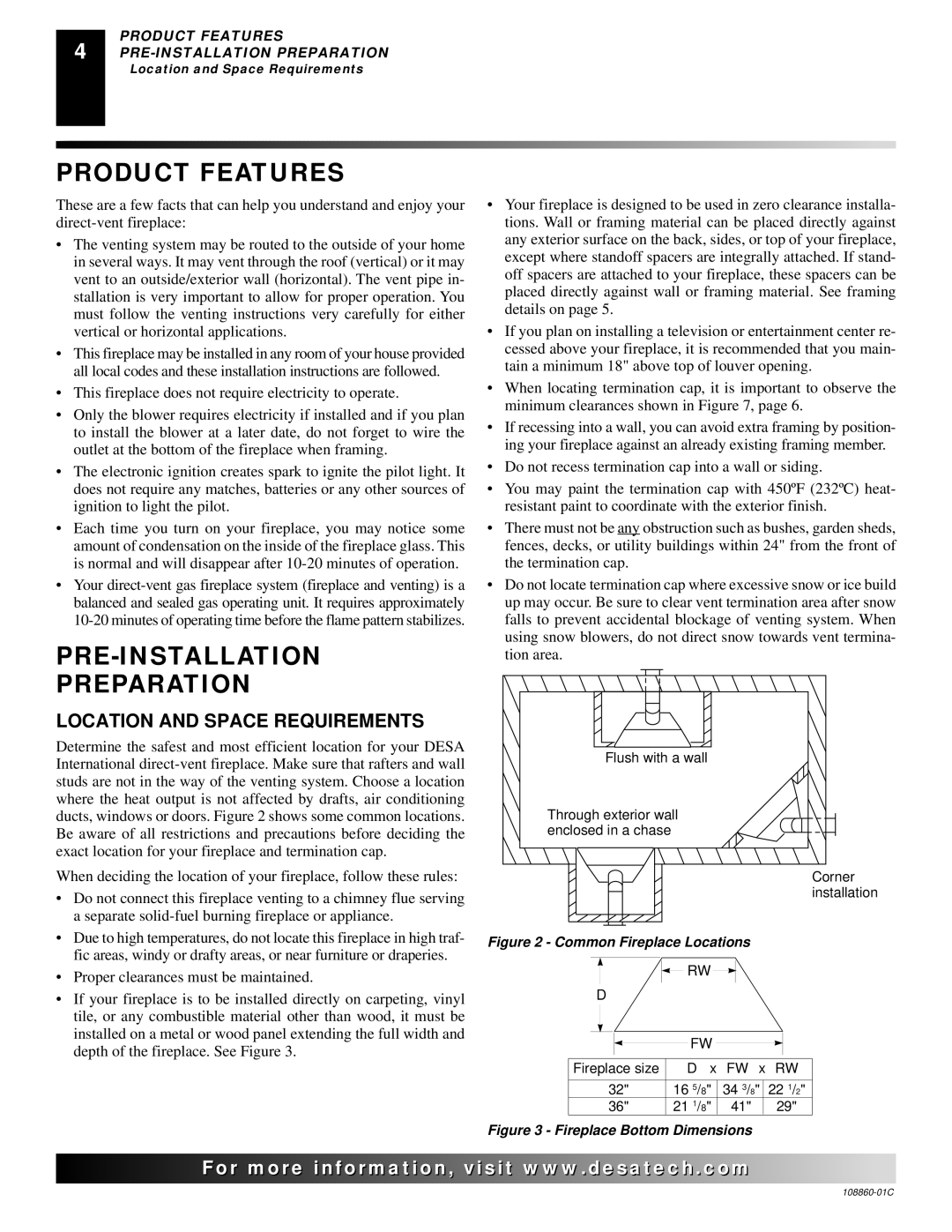 Desa (V)T36EP, (V)T36EN installation manual Product Features, PRE-INSTALLATION Preparation, Location and Space Requirements 