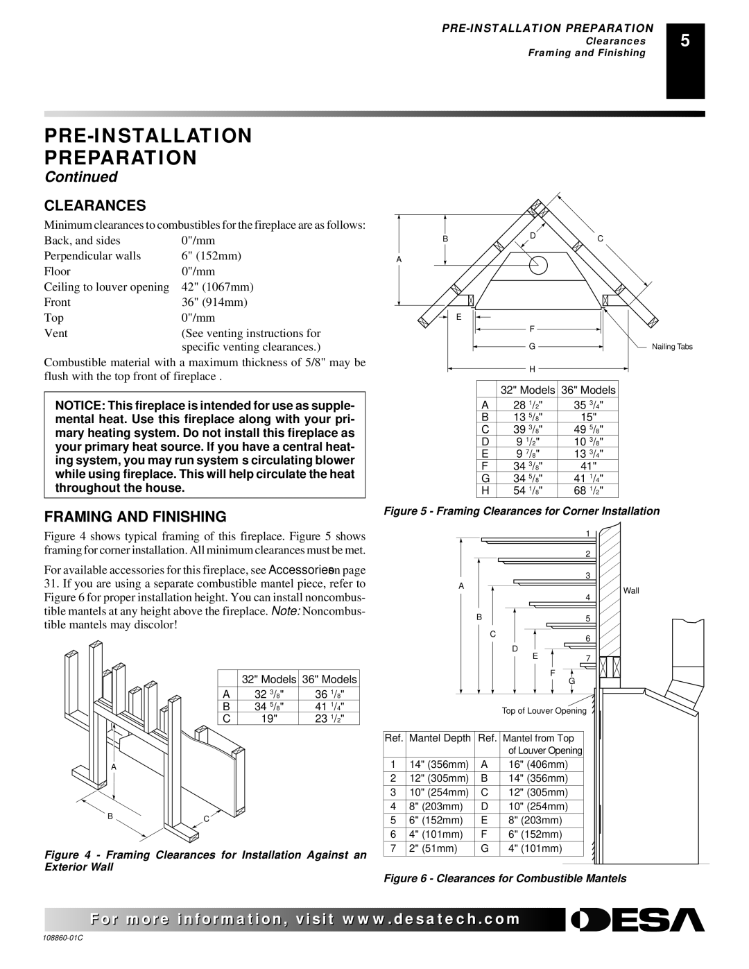 Desa (V)T36EN, (V)T36EP installation manual Clearances, Framing and Finishing 