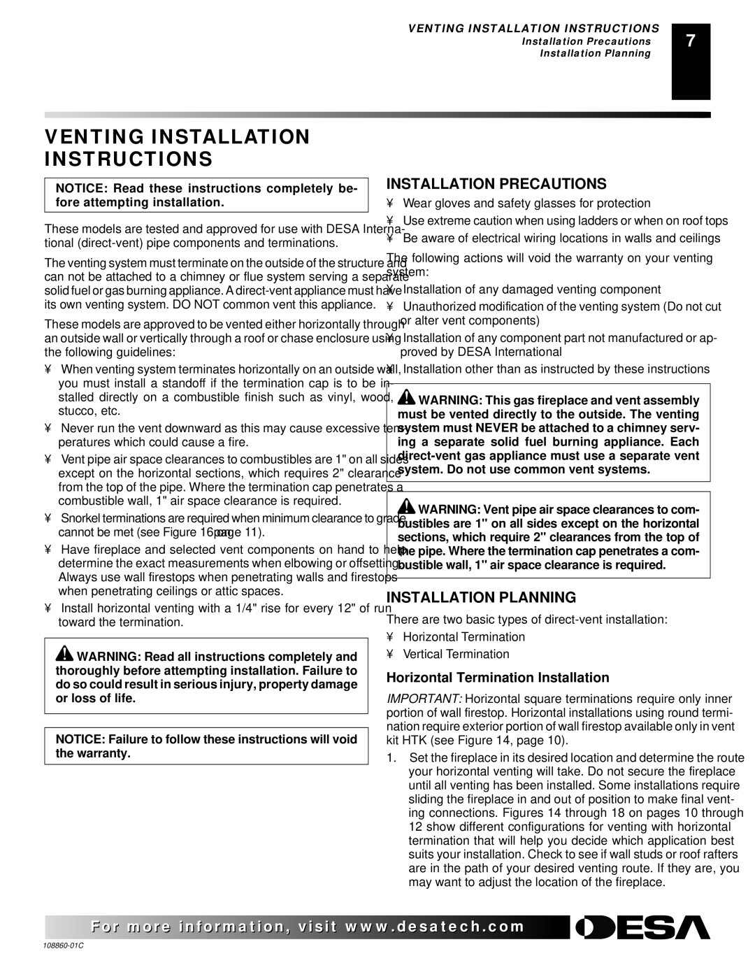 Desa (V)T36EN, (V)T36EP Venting Installation Instructions, Installation Precautions, Installation Planning 