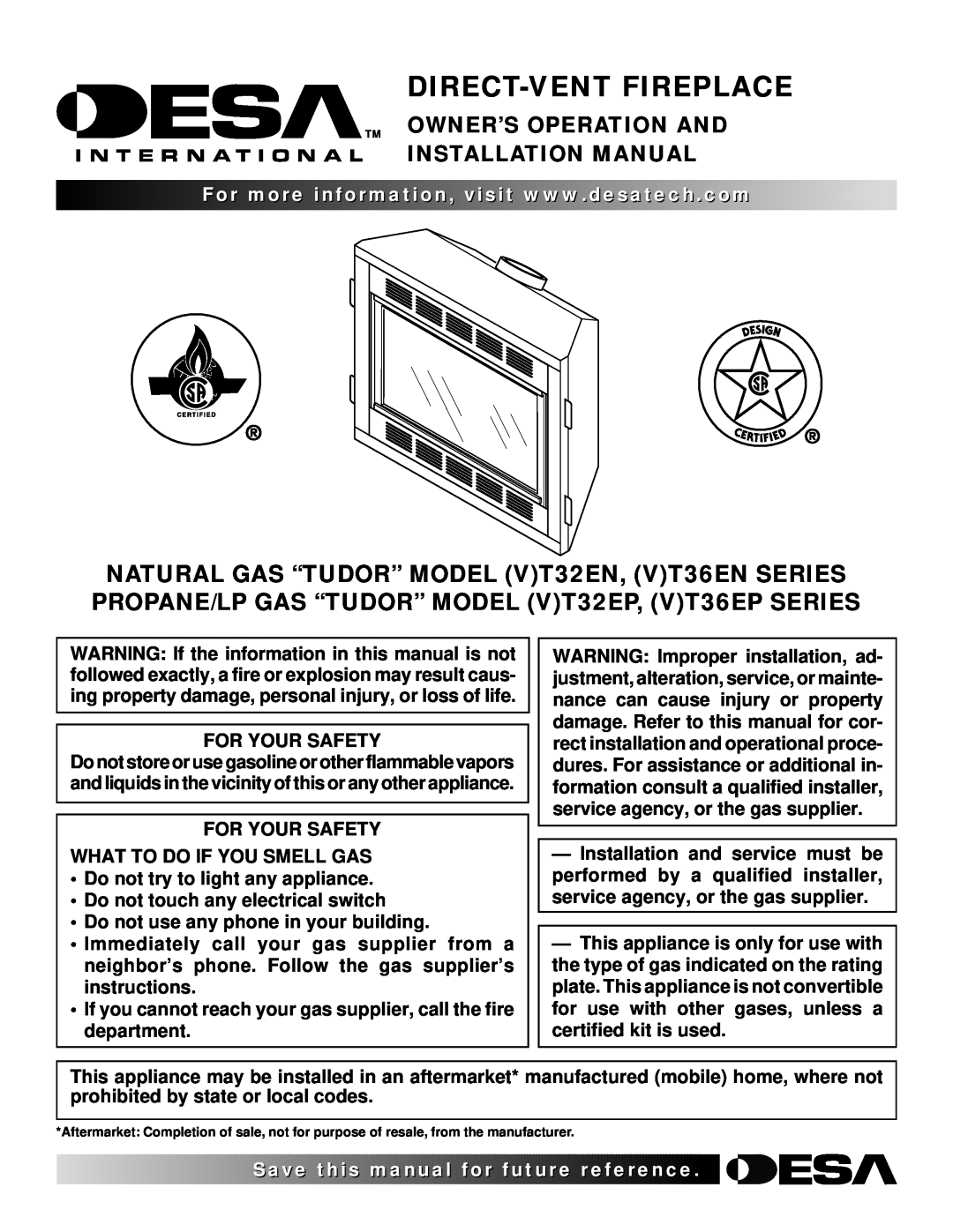 Desa (V)T36EN installation manual Direct-Ventfireplace, Save thisfor, Tm Owner’S Operation And Installation Manual 
