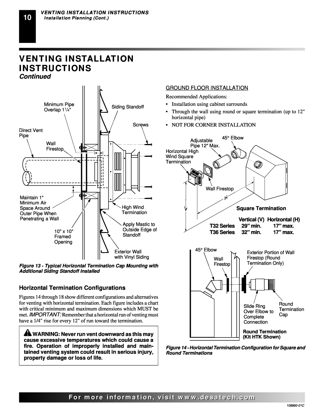 Desa (V)T36EP, (V)T36EN Venting Installation Instructions, Continued, Horizontal Termination Configurations 