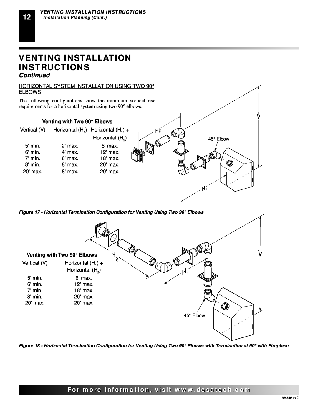 Desa (V)T36EP, (V)T36EN installation manual Venting Installation Instructions, Continued, Venting with Two 90 Elbows 