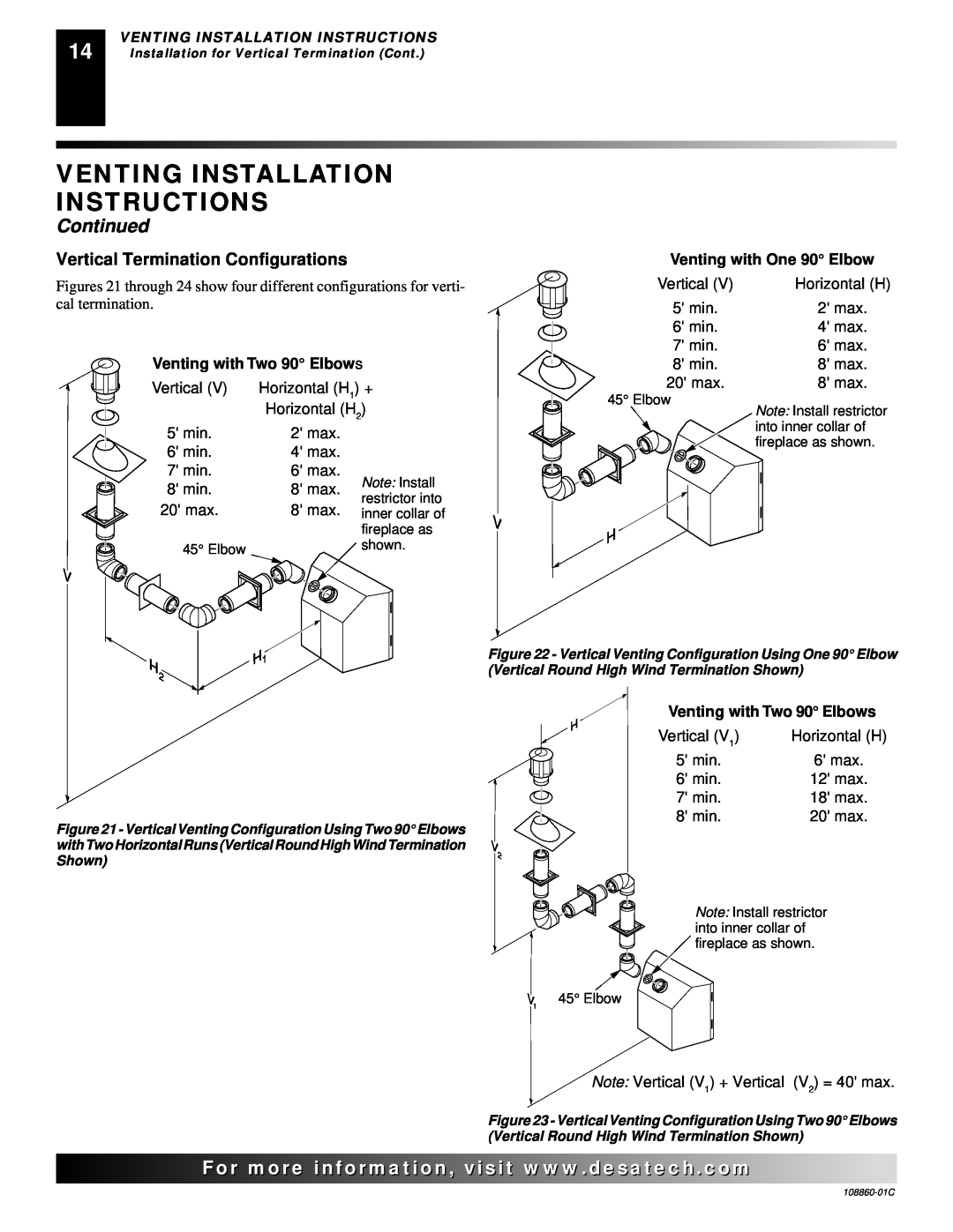 Desa (V)T36EP Venting Installation Instructions, Continued, Vertical Termination Configurations, Venting with One 90 Elbow 