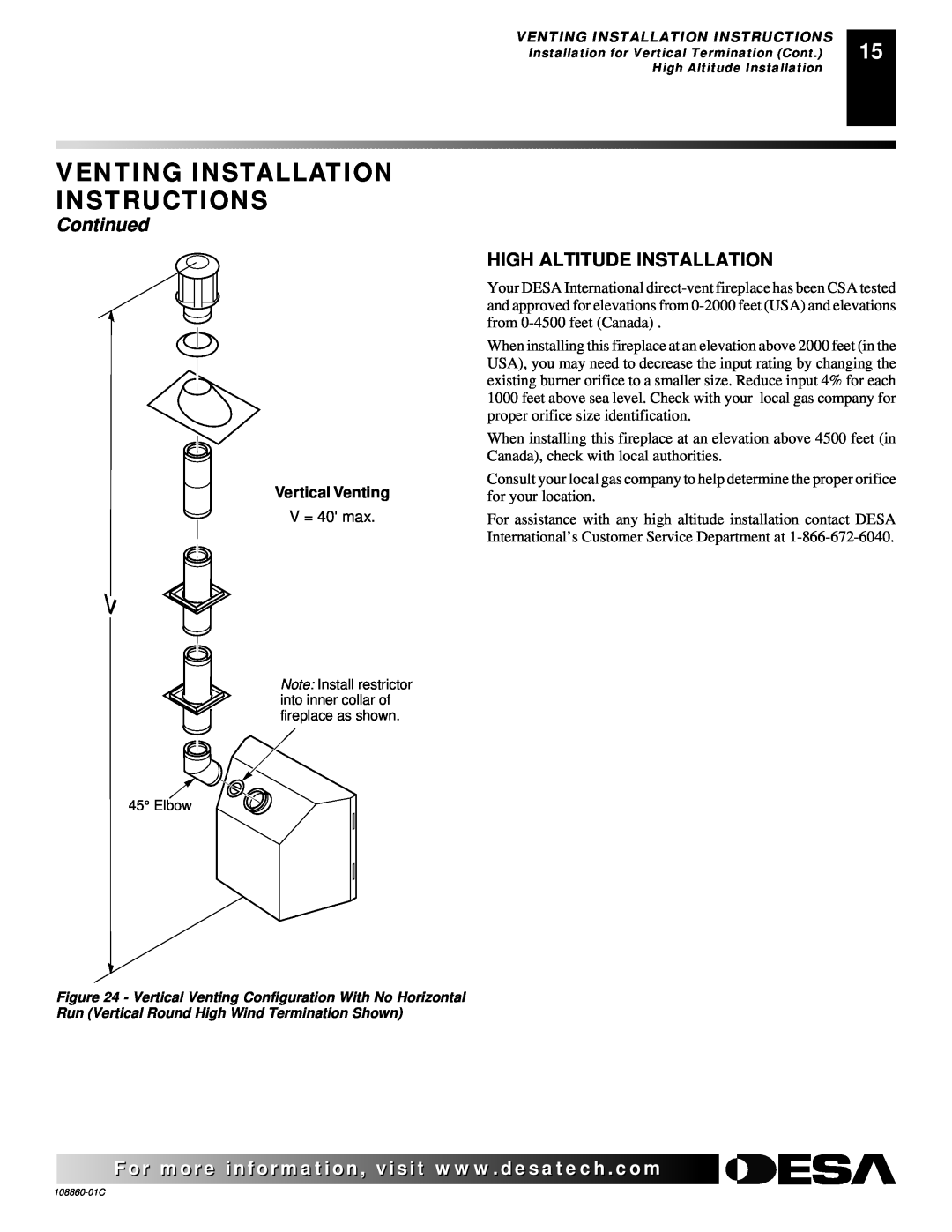 Desa (V)T36EN, (V)T36EP Venting Installation Instructions, Continued, High Altitude Installation, Vertical Venting 