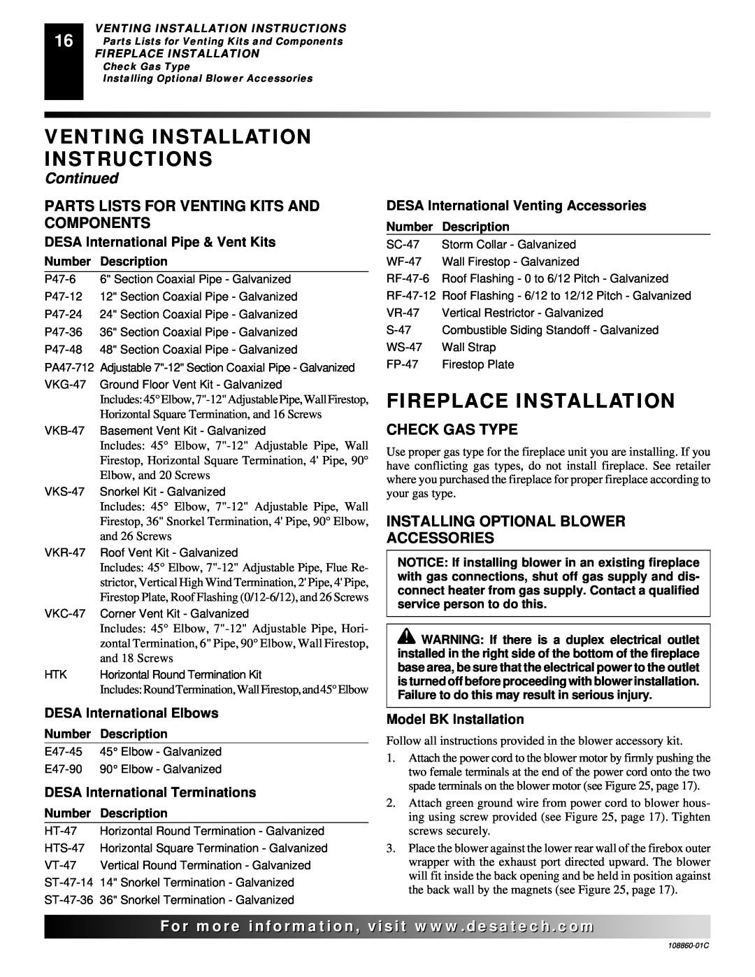 Desa (V)T36EP Fireplace Installation, Venting Installation Instructions, Continued, DESA International Pipe & Vent Kits 