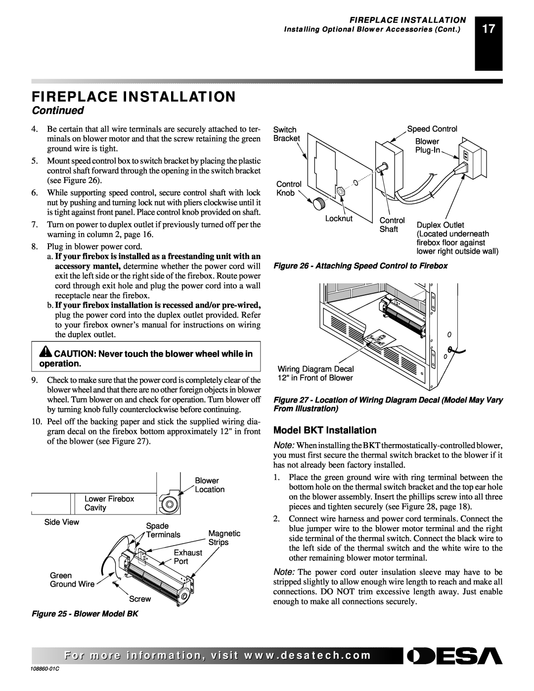 Desa (V)T36EN, (V)T36EP installation manual Fireplace Installation, Continued, Model BKT Installation 