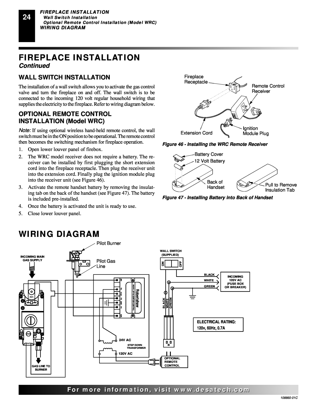 Desa (V)T36EP, (V)T36EN installation manual Wiring Diagram, Fireplace Installation, Continued, Wall Switch Installation 