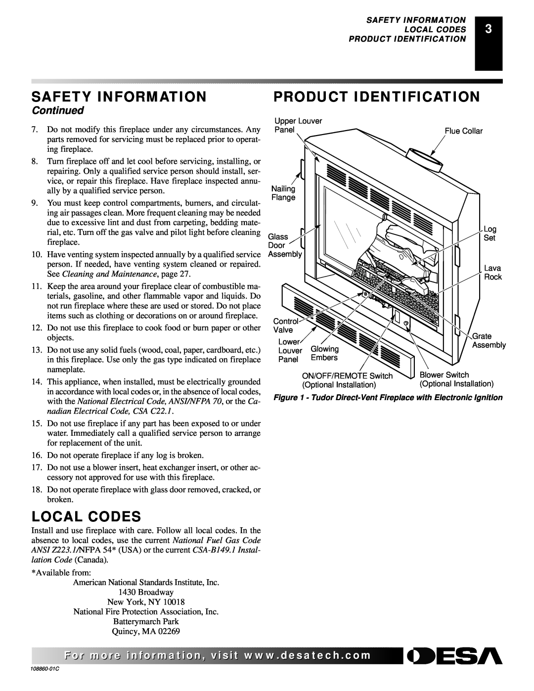 Desa (V)T36EN, (V)T36EP installation manual Local Codes, Product Identification, Continued, Safety Information 
