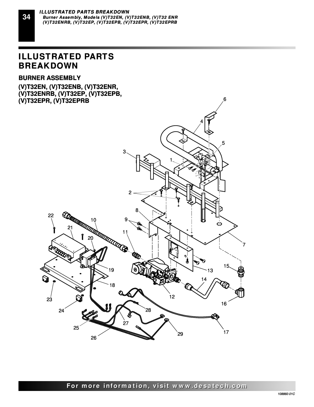 Desa (V)T36EP, (V)T36EN installation manual Illustrated Parts Breakdown, Burner Assembly, 108860-01C 