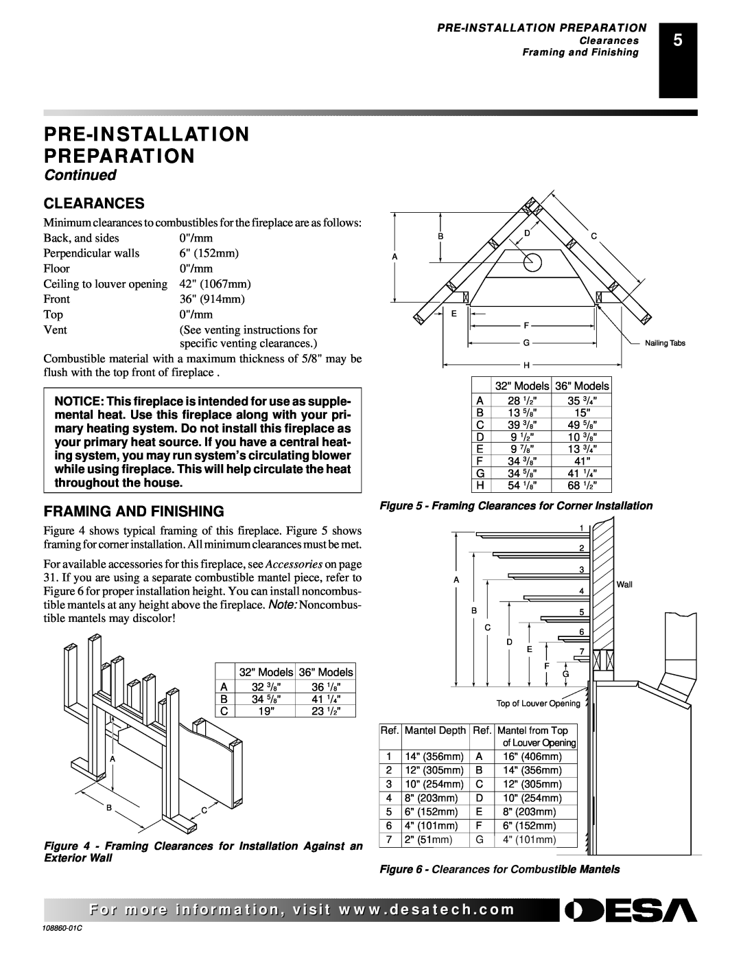 Desa (V)T36EN, (V)T36EP installation manual Pre-Installation Preparation, Continued, Clearances, Framing And Finishing 