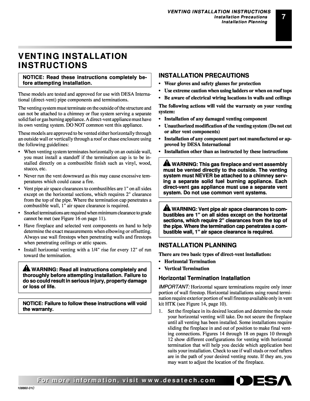 Desa (V)T36EN, (V)T36EP Venting Installation Instructions, Installation Precautions, Installation Planning 