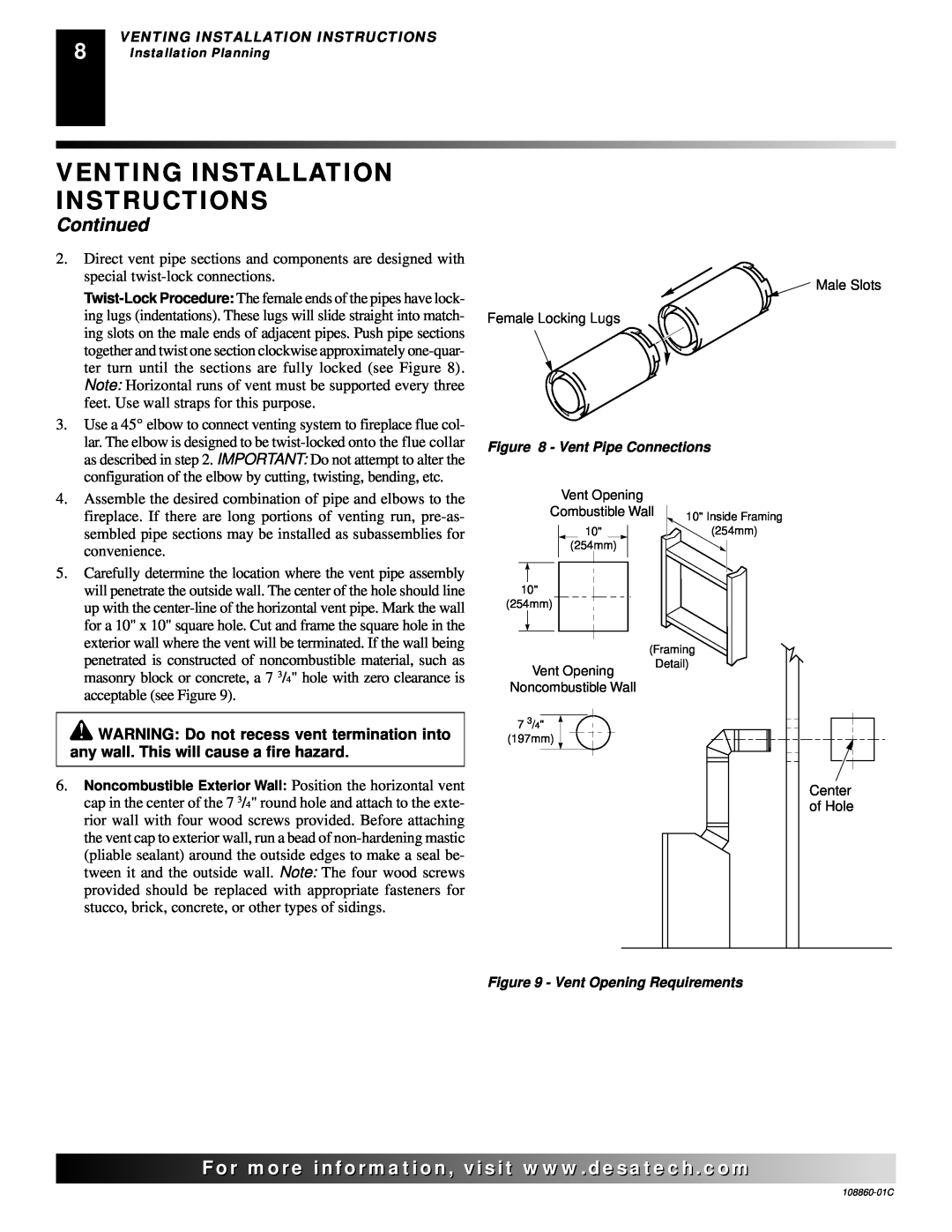 Desa (V)T36EP Venting Installation Instructions, Continued, Male Slots Female Locking Lugs, Vent Pipe Connections, Center 