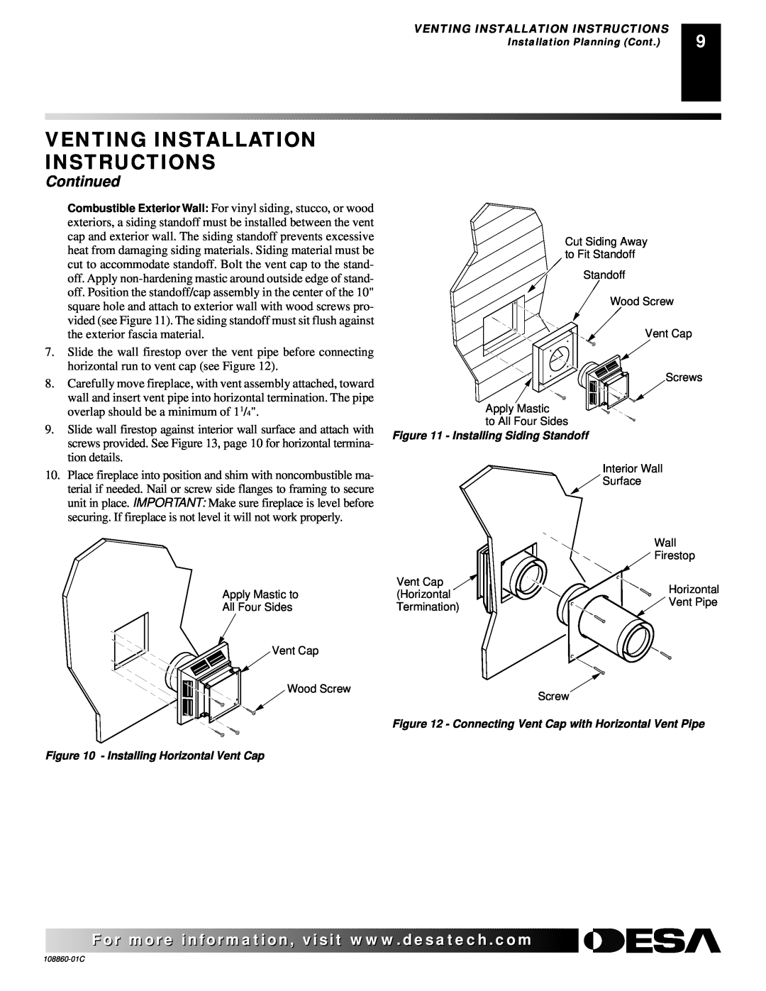 Desa (V)T36EN Venting Installation Instructions, Continued, Installing Horizontal Vent Cap, Installing Siding Standoff 