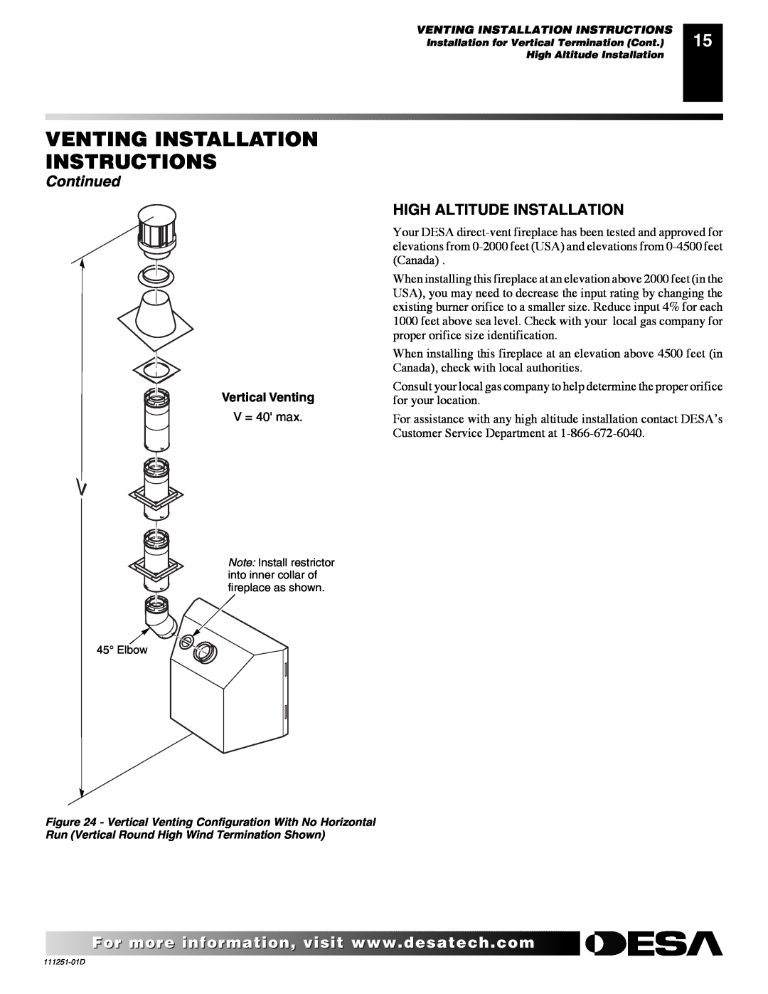 Desa (V)T36ENA SERIES, (V)T36EPA SERIES Venting Installation Instructions, Continued, High Altitude Installation 
