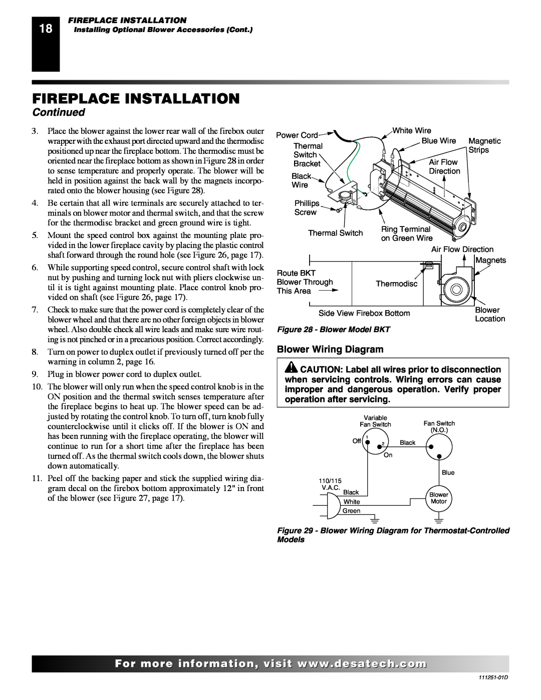 Desa (V)T36EPA SERIES, (V)T36ENA SERIES installation manual Fireplace Installation, Continued, Blower Wiring Diagram 