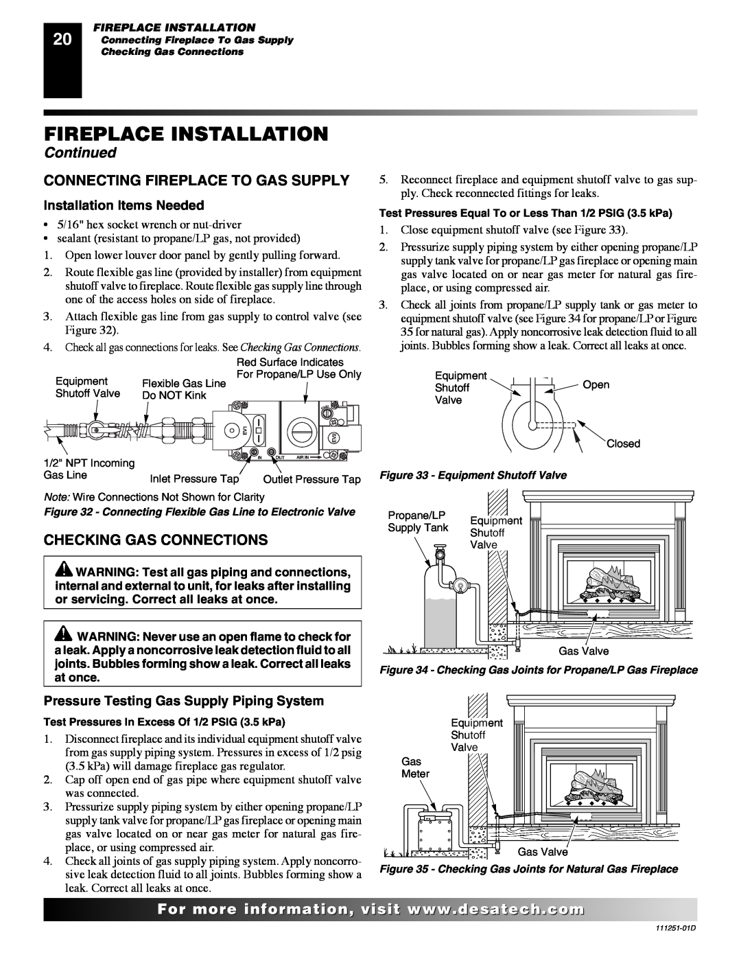 Desa (V)T36EPA SERIES, (V)T36ENA SERIES installation manual Fireplace Installation, Continued, Installation Items Needed 