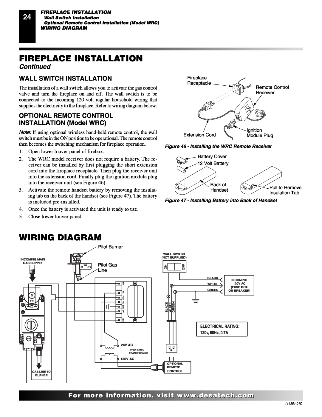 Desa (V)T36EPA SERIES, (V)T36ENA SERIES Wiring Diagram, Fireplace Installation, Continued, Wall Switch Installation 