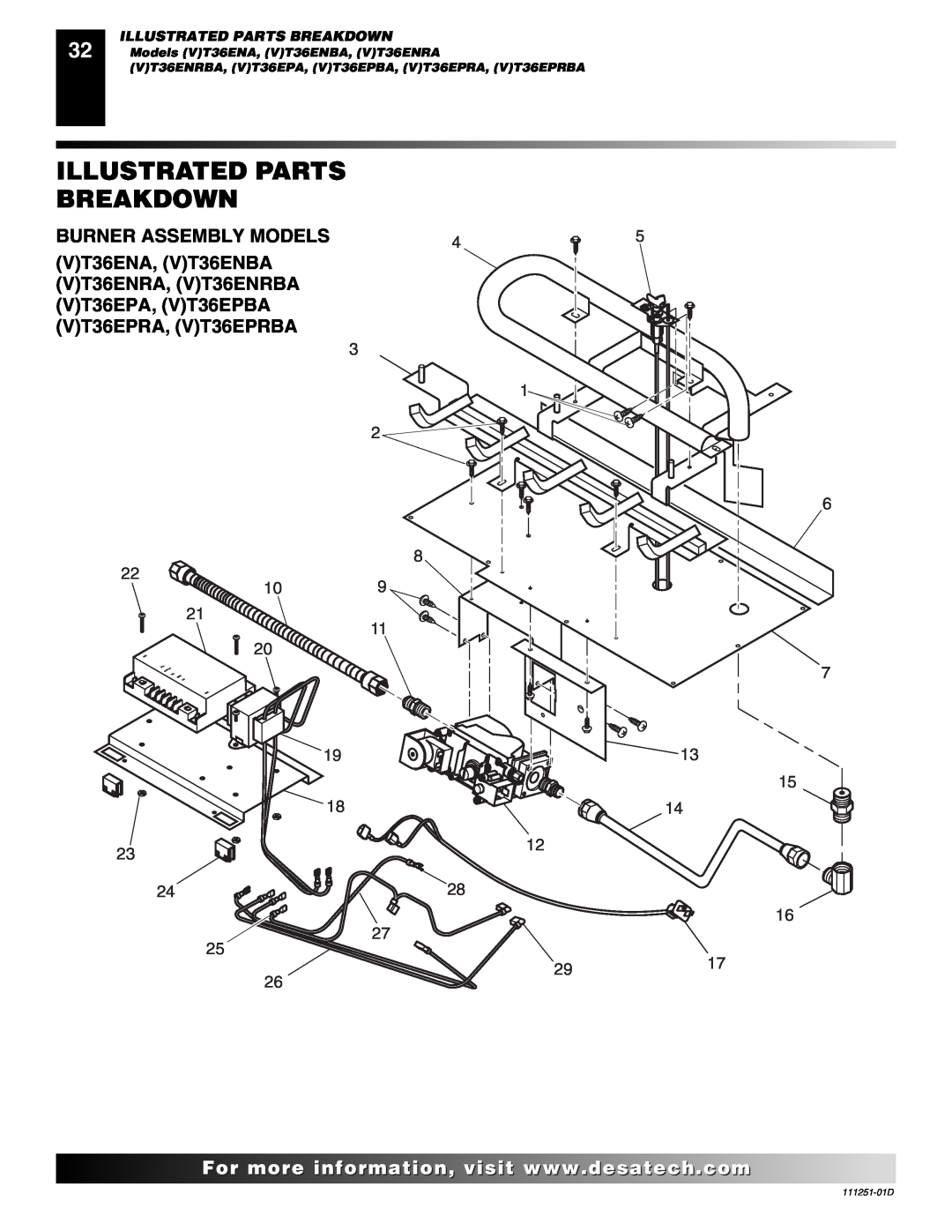 Desa (V)T36EPA SERIES, (V)T36ENA SERIES installation manual Illustrated Parts Breakdown, Burner Assembly Models 