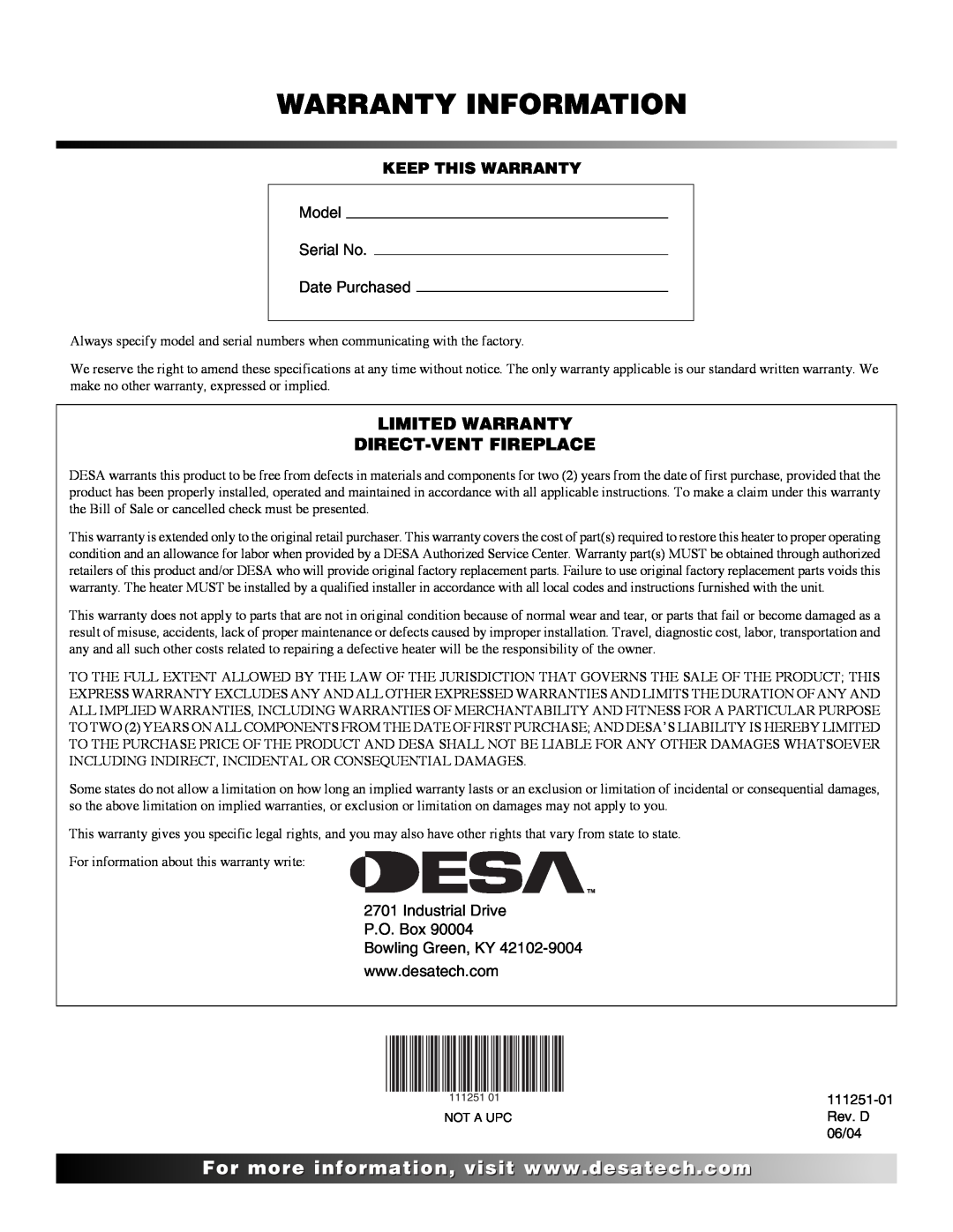 Desa (V)T36EPA SERIES, (V)T36ENA SERIES installation manual Warranty Information, Limited Warranty Direct-Ventfireplace 
