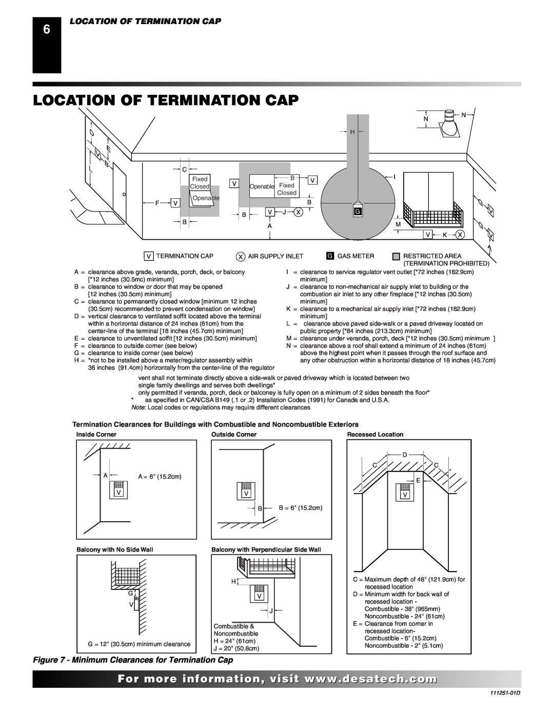 Desa (V)T36EPA SERIES, (V)T36ENA SERIES Location Of Termination Cap, D E B L, V G V A, Inside Corner, Recessed Location 