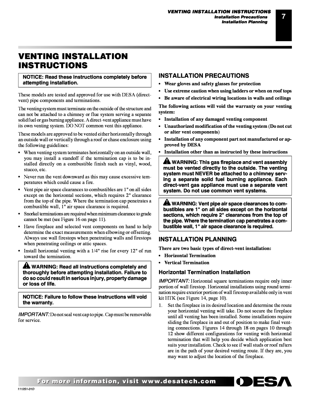Desa (V)T36ENA SERIES, (V)T36EPA SERIES Venting Installation Instructions, Installation Precautions, Installation Planning 