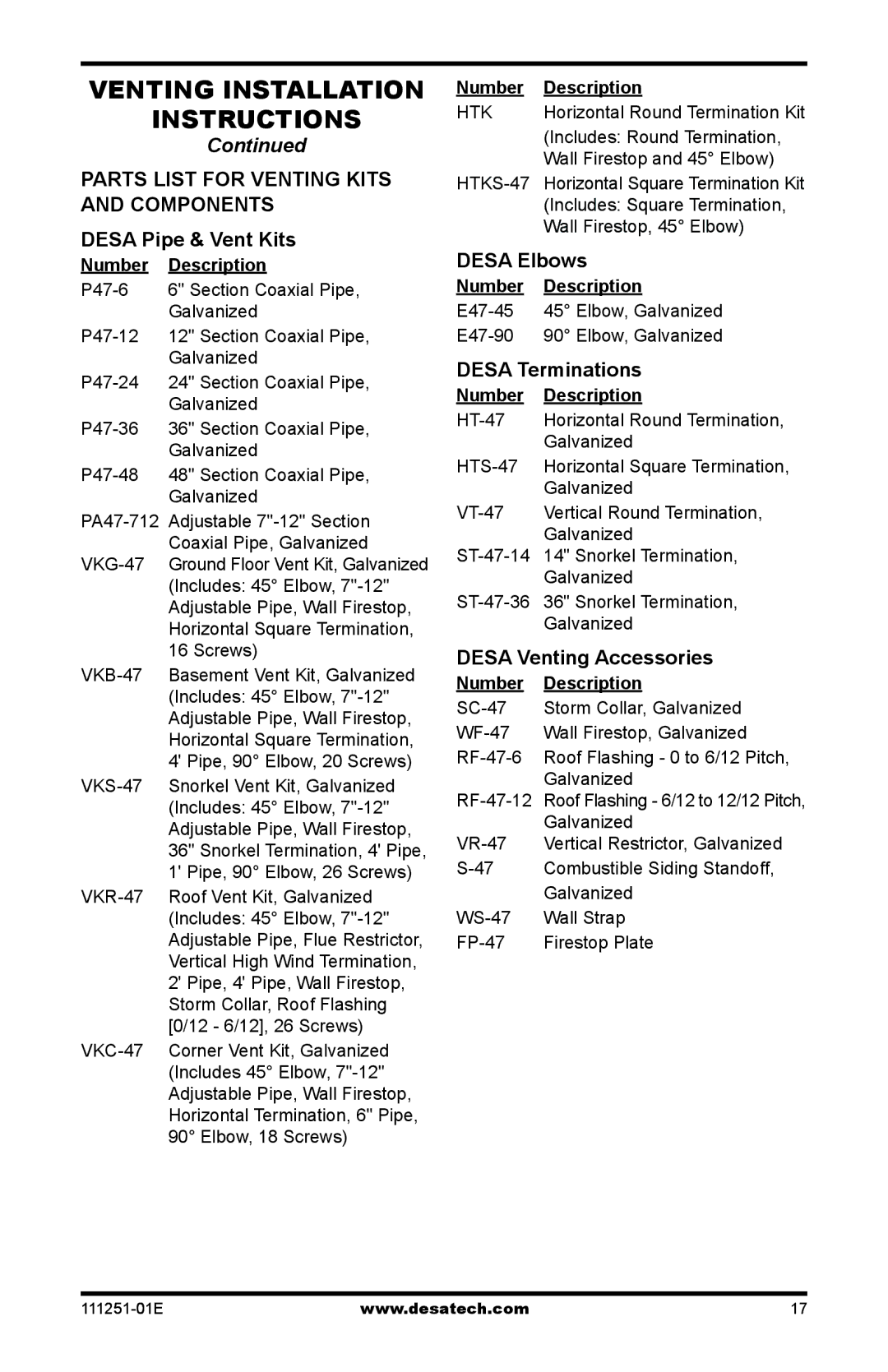 Desa (V)T36EPA installation manual Desa Elbows, Desa Terminations, Desa Venting Accessories, Number Description 