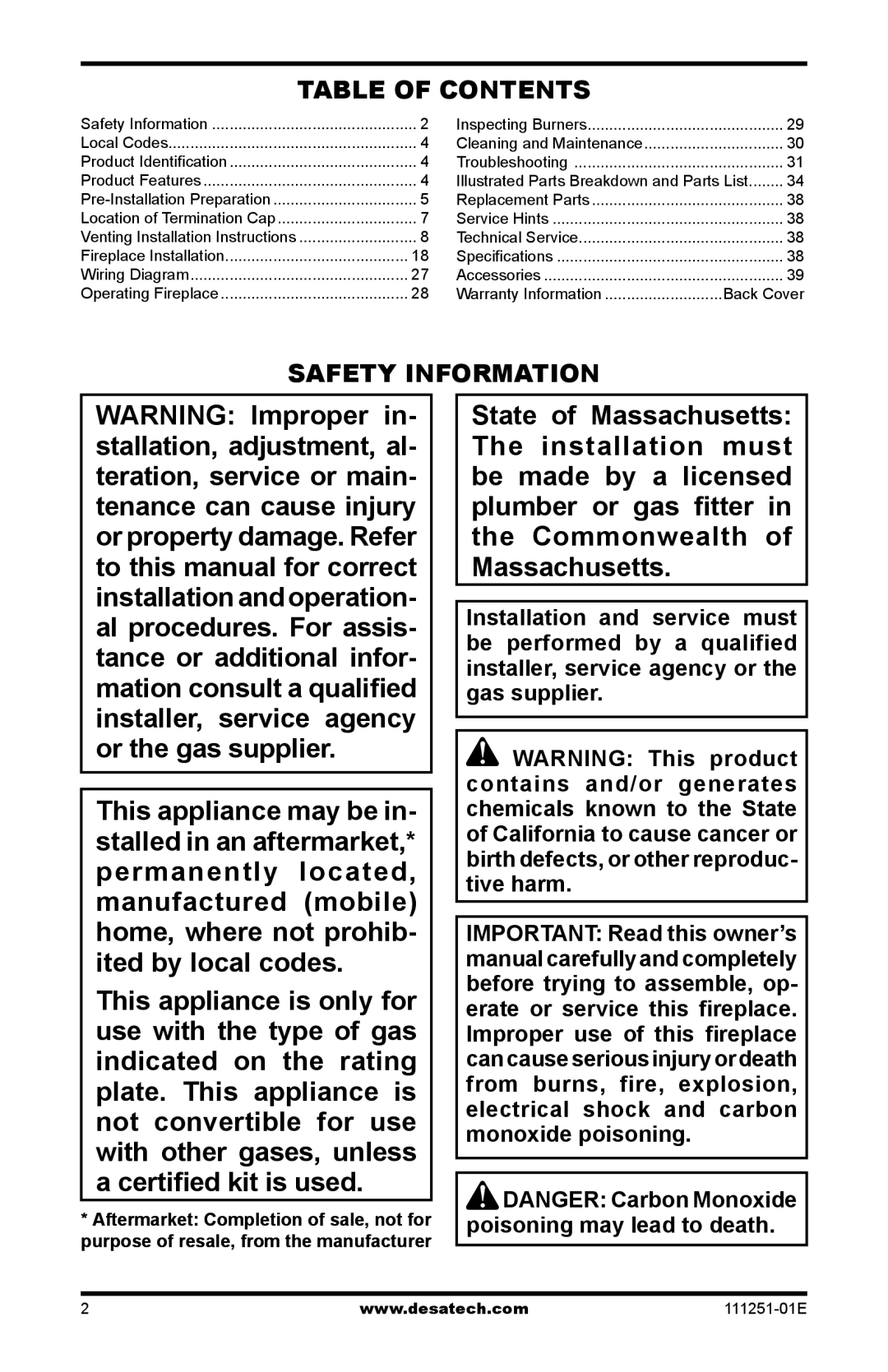 Desa (V)T36EPA installation manual Table of Contents, Safety Information 