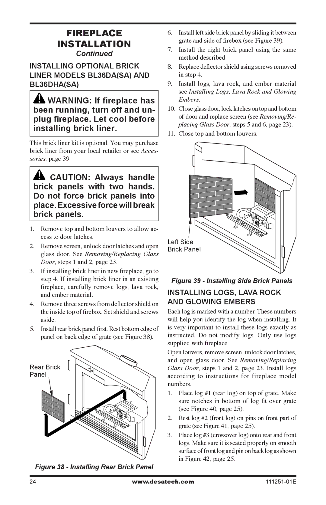 Desa (V)T36EPA installation manual Installing logs, lava rock and glowing embers, Close top and bottom louvers 