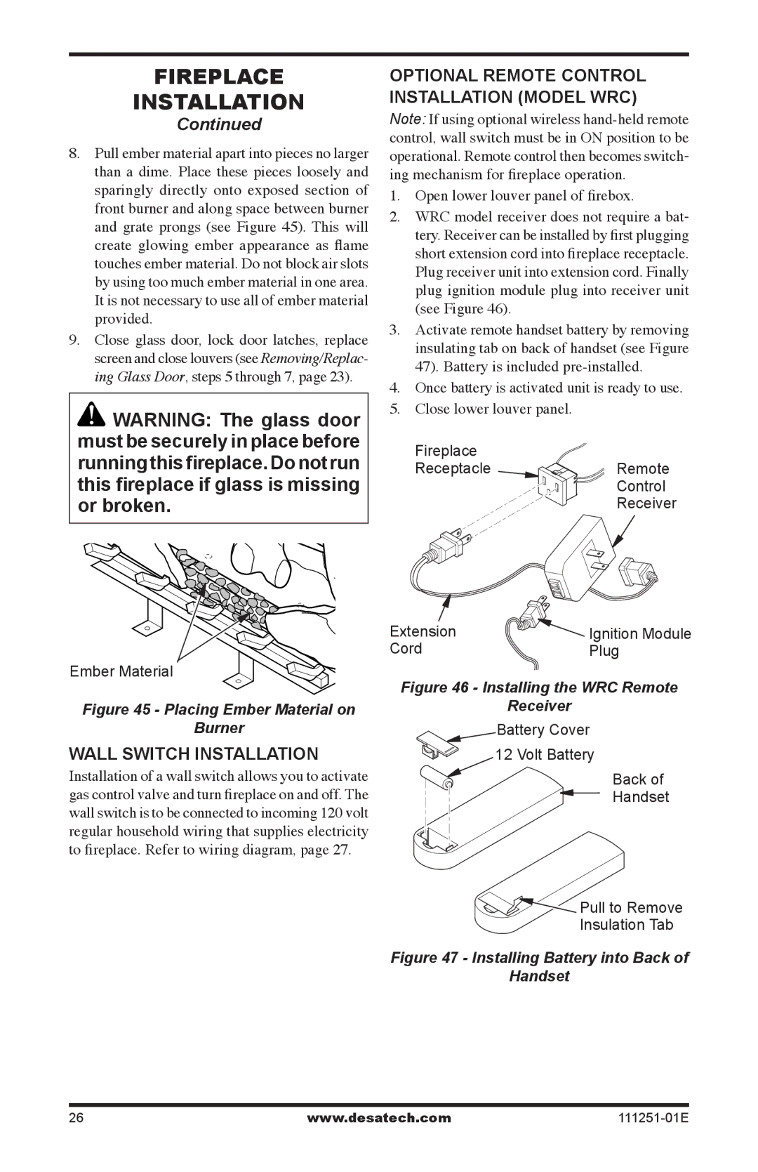 Desa (V)T36EPA installation manual Optional Remote control Installation model WRC, Wall Switch Installation 