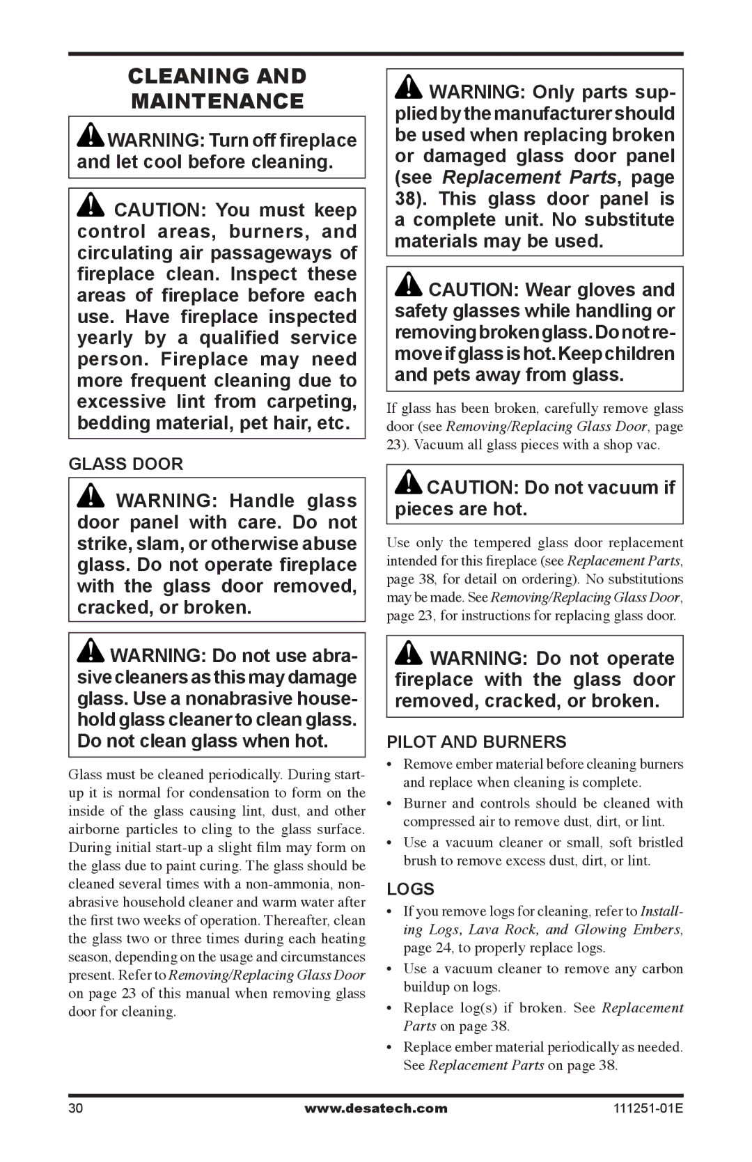 Desa (V)T36EPA installation manual Cleaning Maintenance, Glass Door, Pilot and burners, Logs 